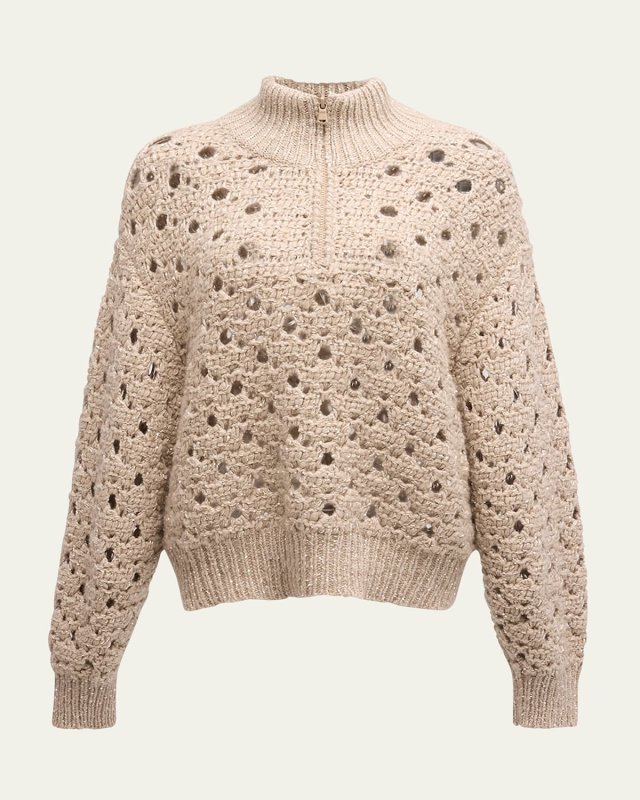 Paillette Round Open-Weave Cashmere Quarter-Zip Sweat